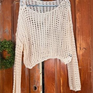 SHEIN Cream Open-Knit Cropped Crewneck Sweater